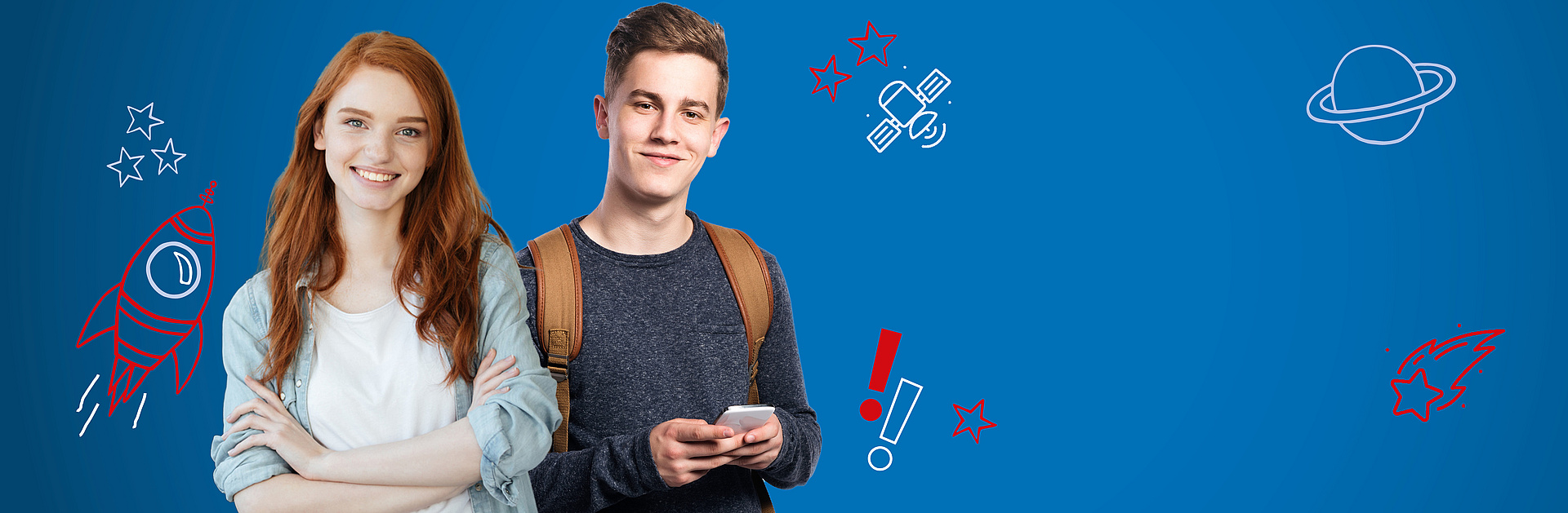 Mädchen und Junge vor blauem Hintergrund mit Illustrationen