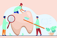 Ein sehr großer Zahn wird untersucht und geputzt von drei Menschen.