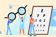 Zwei Menschen halten eine sehr große Brille über ihren Köpfen. Ein Sehtest ist zu sehen.