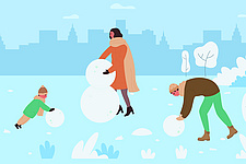 Eine Familie baut einen Schneemann Eine Familie baut einen Schneemann
