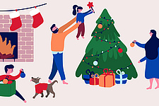Eine Familie schmückt gemeinsam den Weihnachtsbaum Eine Familie schmückt gemeinsam den Weihnachtsbaum