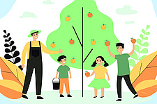 Kinder stehen um einen Apfelbaum und pflücken die Früchte. Kinder stehen um einen Apfelbaum und pflücken die Früchte.