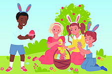 Kinder mit Osterhasenohren vor einem Osterkorb Kinder mit Osterhasenohren vor einem Osterkorb