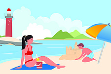 Eine Frau sitzt auf einer Decke am Strand. Neben ihr baut ein Junge eine Sandburg.