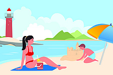 Eine Frau sitzt auf einer Decke am Strand. Neben ihr baut ein Junge eine Sandburg. Eine Frau sitzt auf einer Decke am Strand. Neben ihr baut ein Junge eine Sandburg.